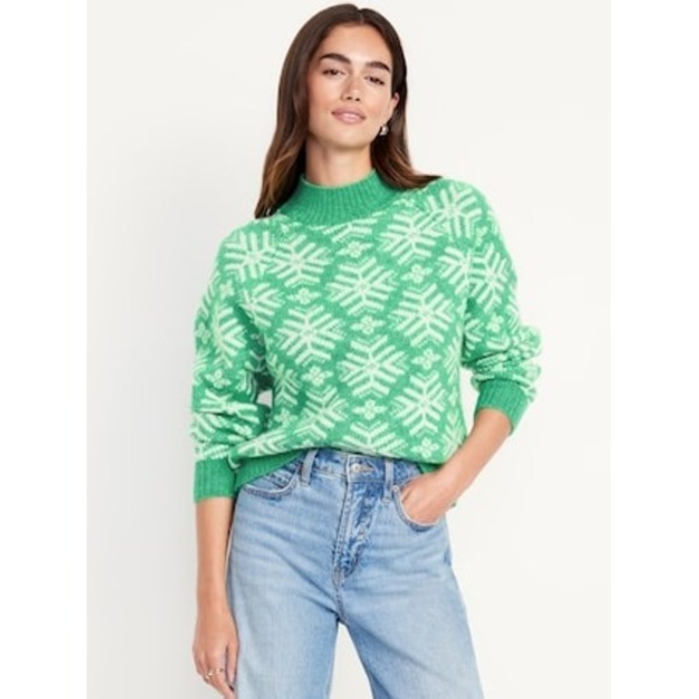 Old Navy Mock Neck Sweater Green‎ Snowflake Size XXL Tall Holiday Christmas Cozy